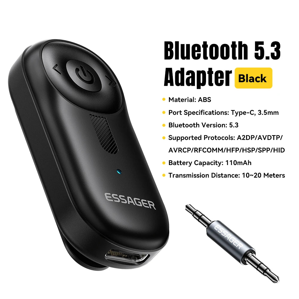 Essager Bluetooth 5.3 Adapter 3.5mm AUX Jacks For Audio Music Receiver Car Speakers Headset Tablet Laptop Bluetooth Car Receiver